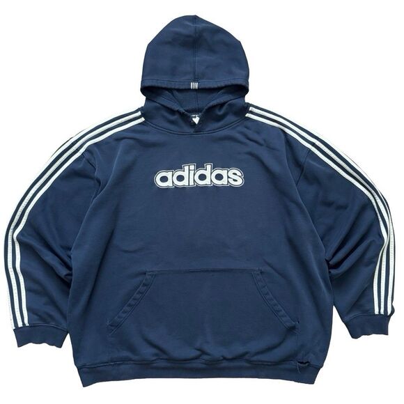 Vintage Y2K Adidas Hoodie Blue 3 Stripes Distressed Thrashed Men’s XXL Spellout - Picture 1 of 10